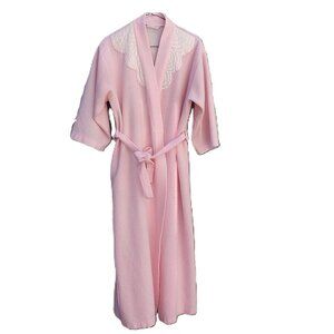 Vintage 80s Pink Fleece Robe Housecoat 41" Bust Fuzzy Soft Wrap Waist